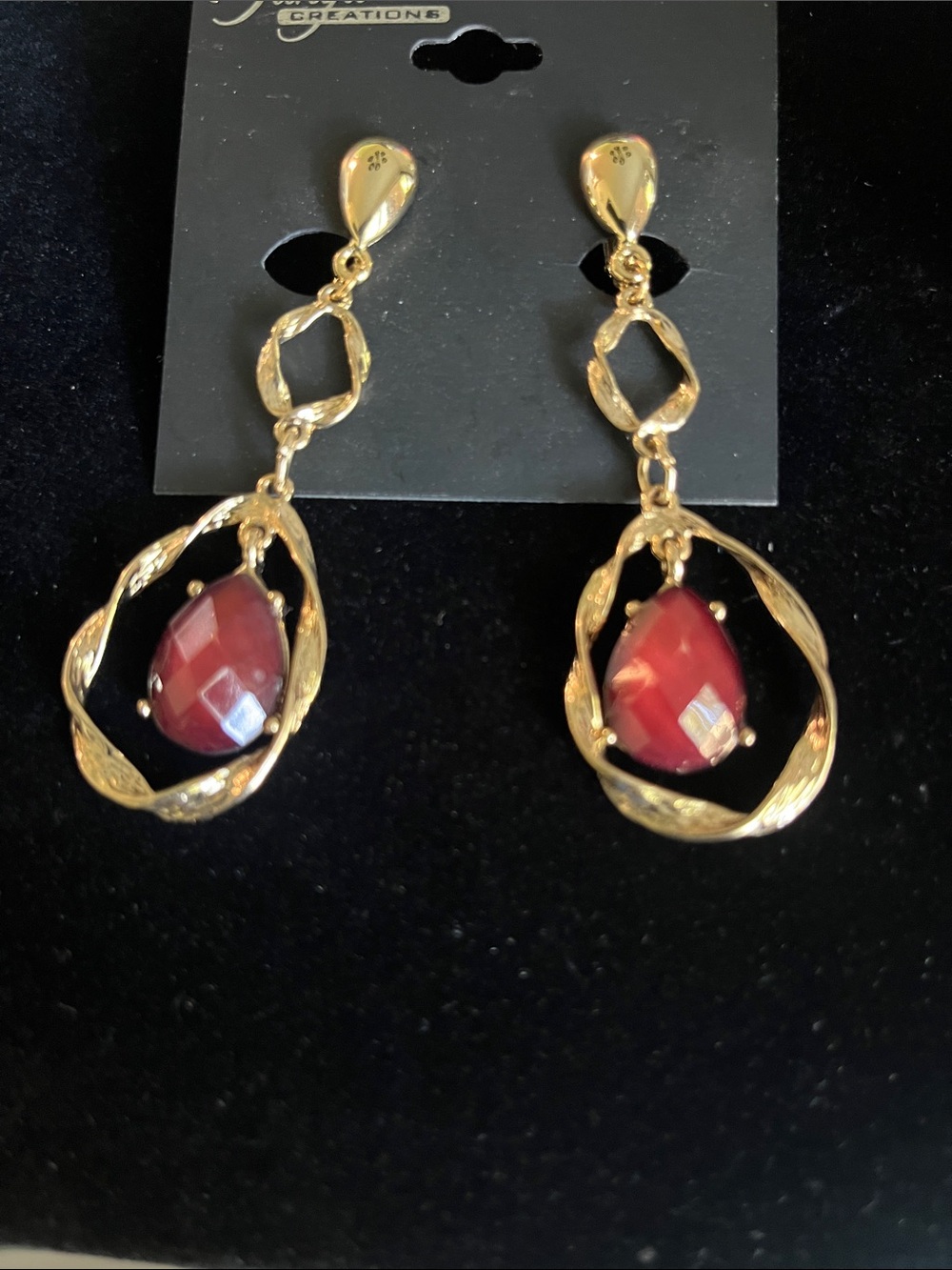 Gold Drop Earrings with Red Teardrop Stones - Women Jewelry